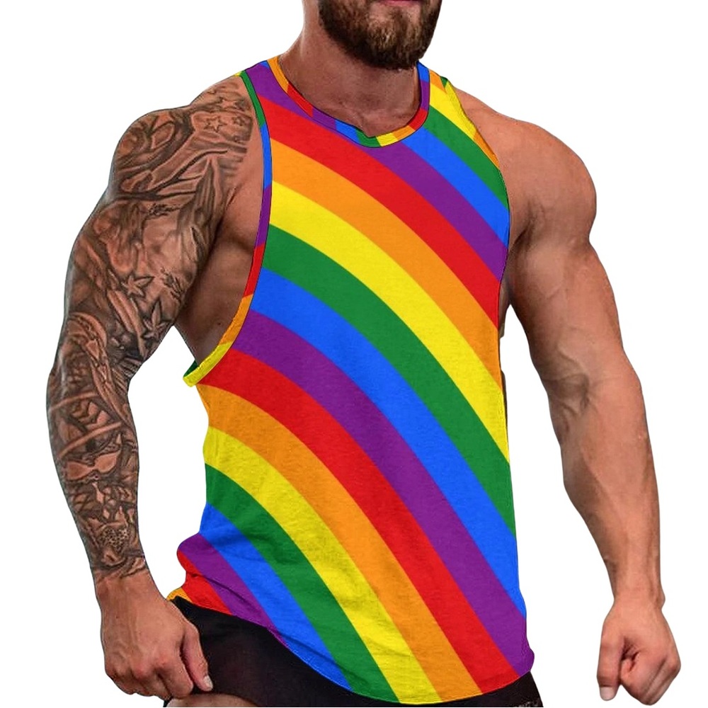 Pride Inspired Rainbow Tank Top Male Pride Flag Cool Top Gym Pattern Sleeveless - Picture 2 of 5